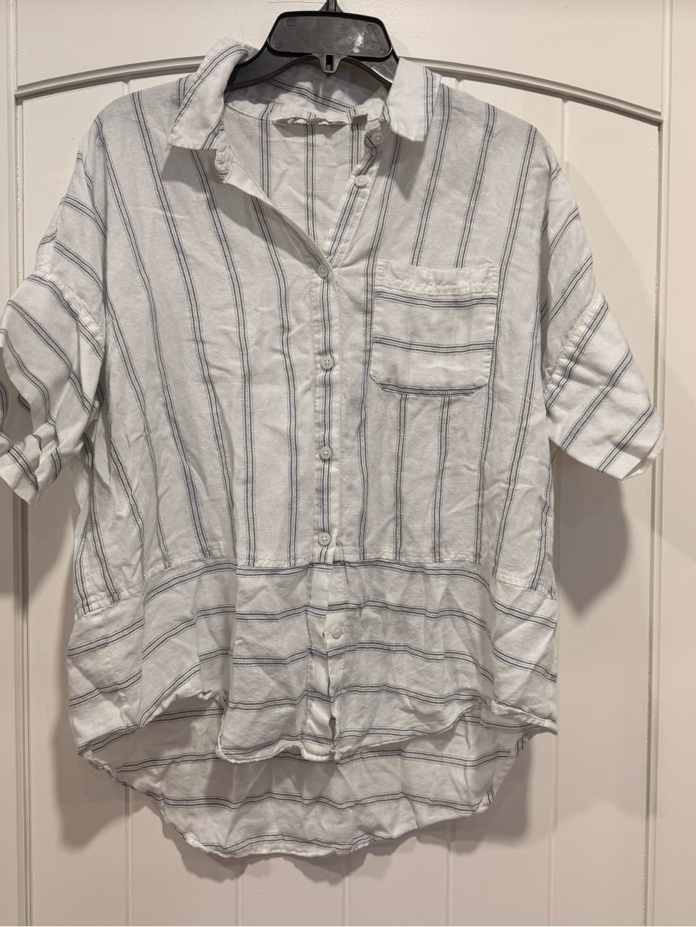 Athleta White Top with Navy Pinstripes